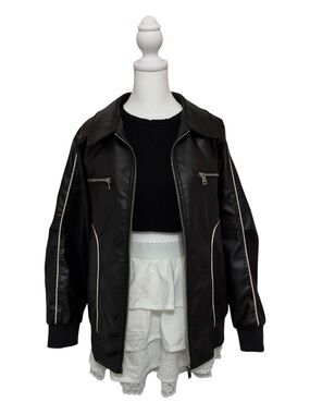 Black Faux Leather Zip-Up Jacket with White Lining Oversized Fit Baggy Outerwear